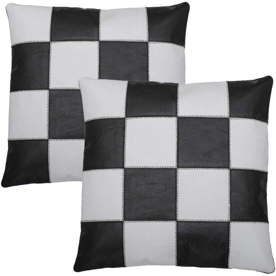 2 x Chequered Boxed Original Leather Cushion Covers Vintage Leather