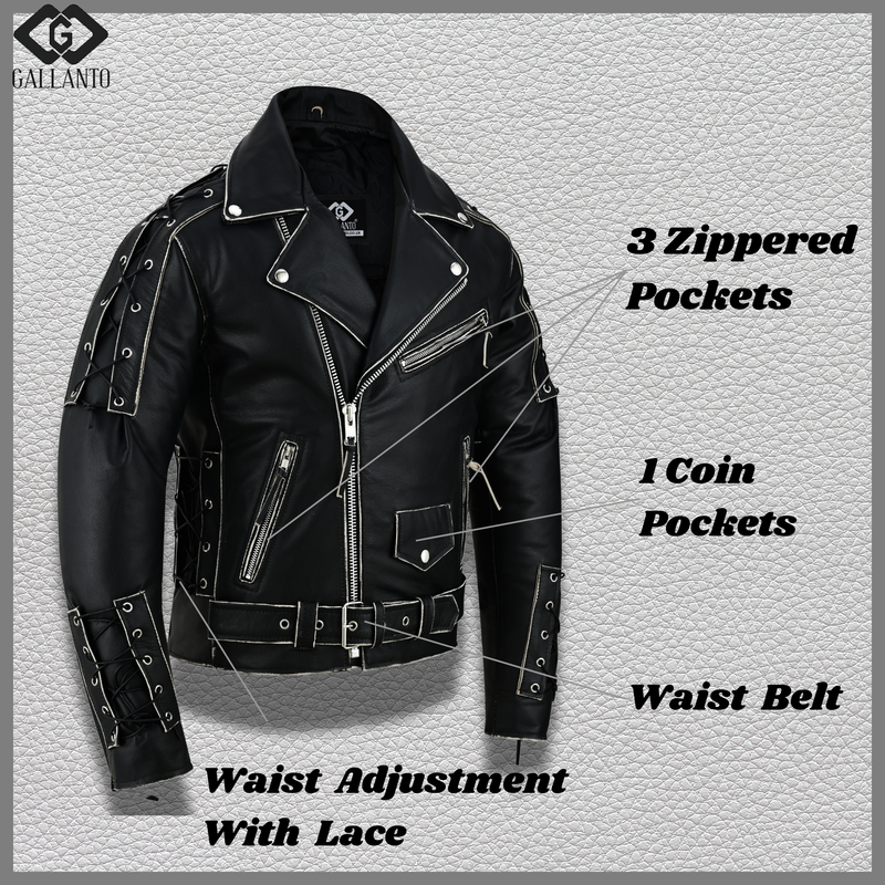 Brando Style Antique Rub Off Lace Leather Jacket - Classic Black Cowhide Biker Jacket