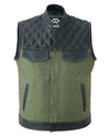 Black Leather & Olive Green Denim Combo Biker Diamond Gilet Vest - 