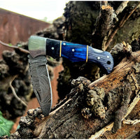 Blue and Grey Damascus Handmade Steel Pocket Folding Knife -