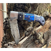 Blue and Grey Damascus Handmade Steel Pocket Folding Knife -