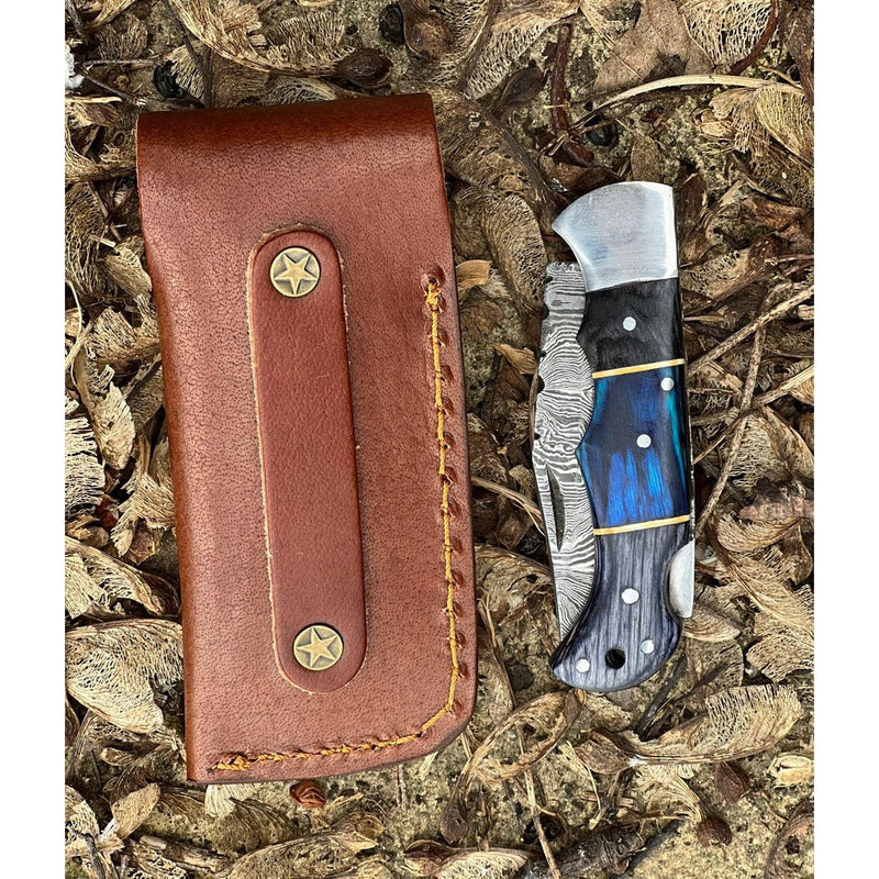 Blue and Grey Damascus Handmade Steel Pocket Folding Knife -