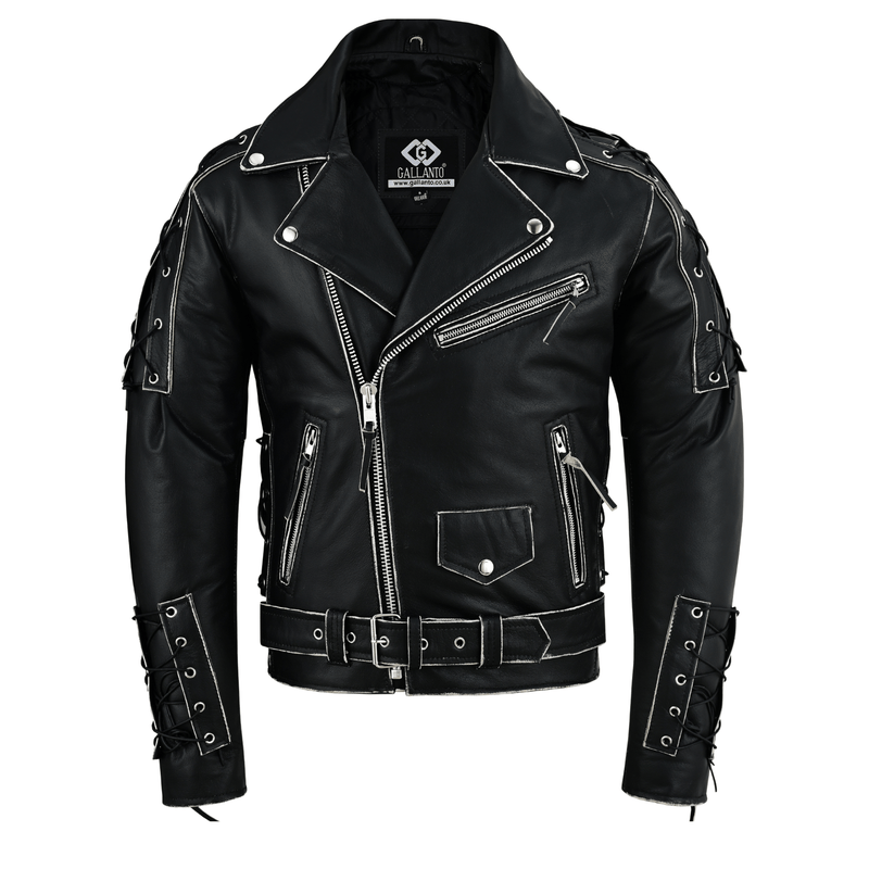 Brando Style Antique Rub Off Lace Leather Jacket - Classic Black Cowhide Biker Jacket - 