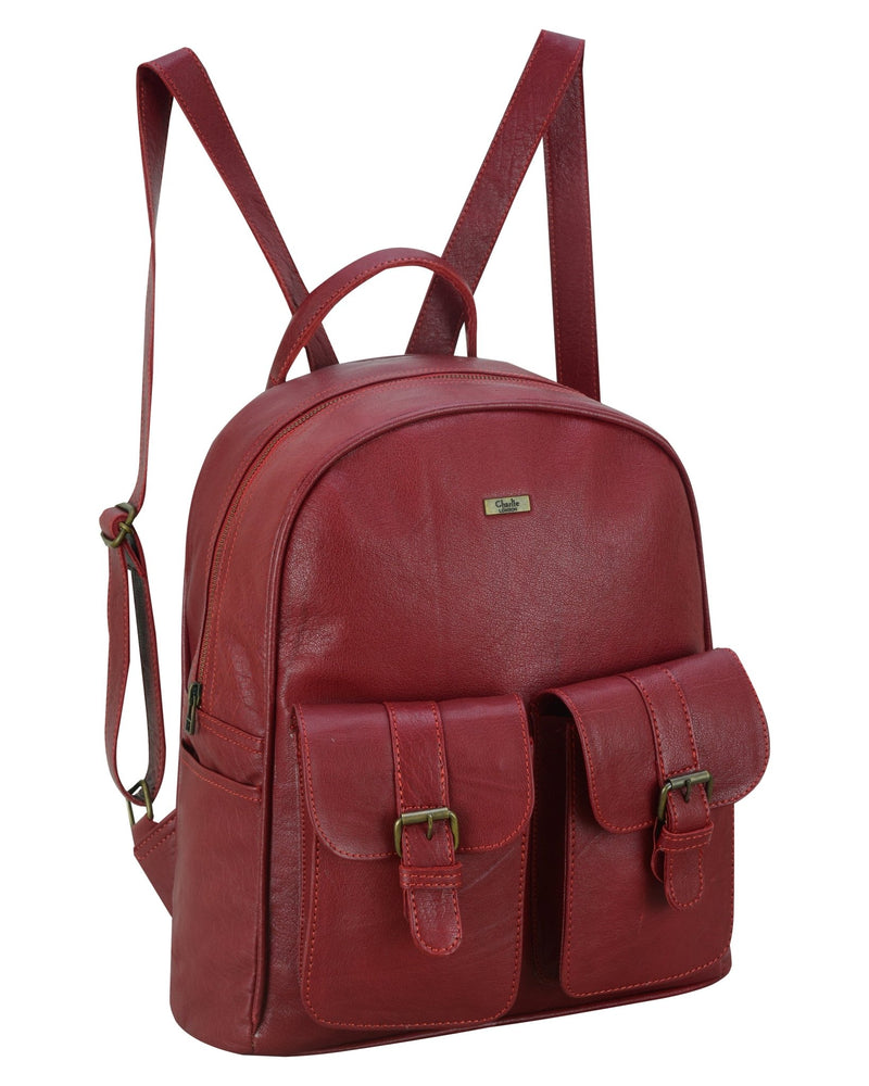 Charlie London two Pockets Classic Leather DayPack Backpack - 