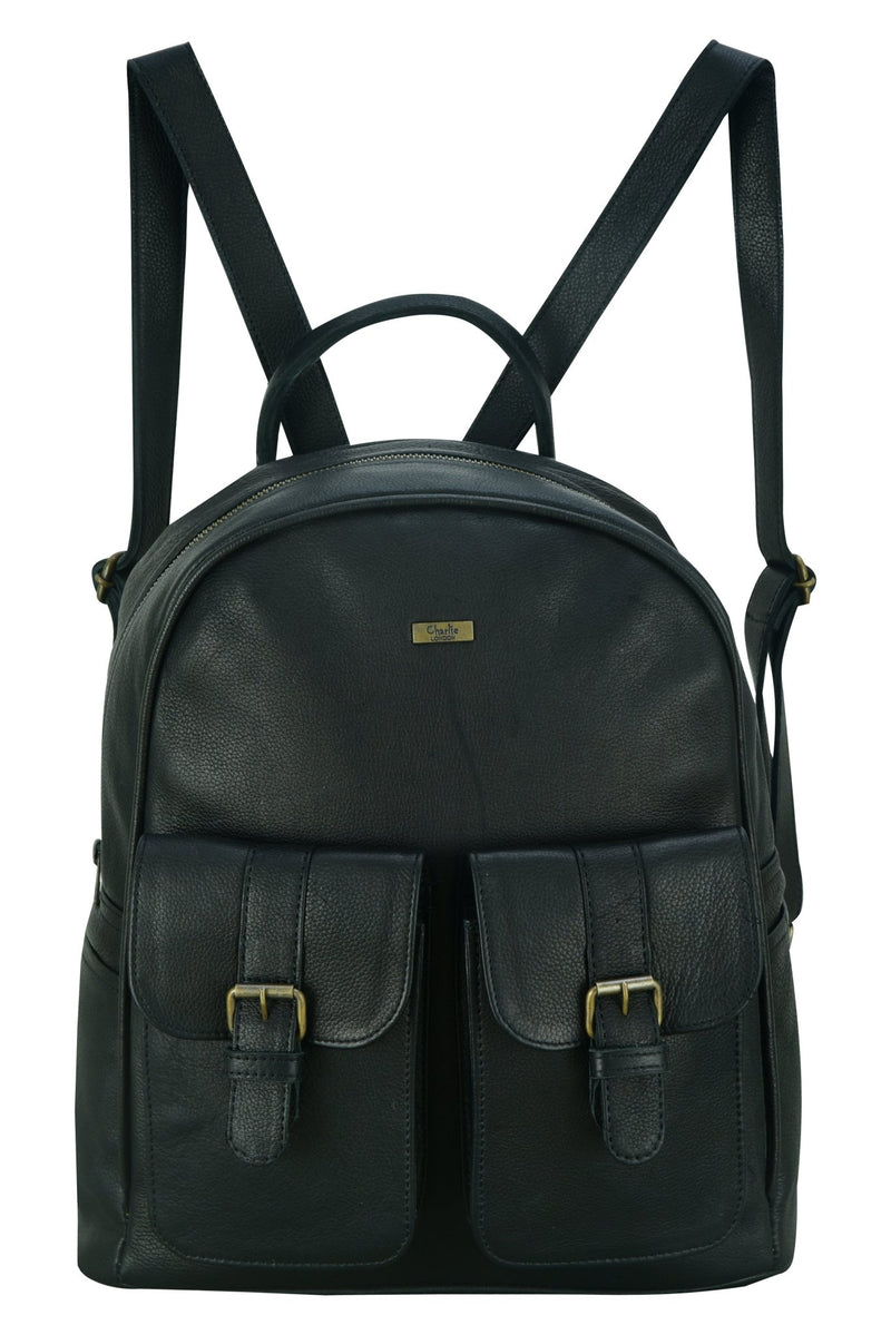 Charlie London two Pockets Classic Leather DayPack Backpack - 