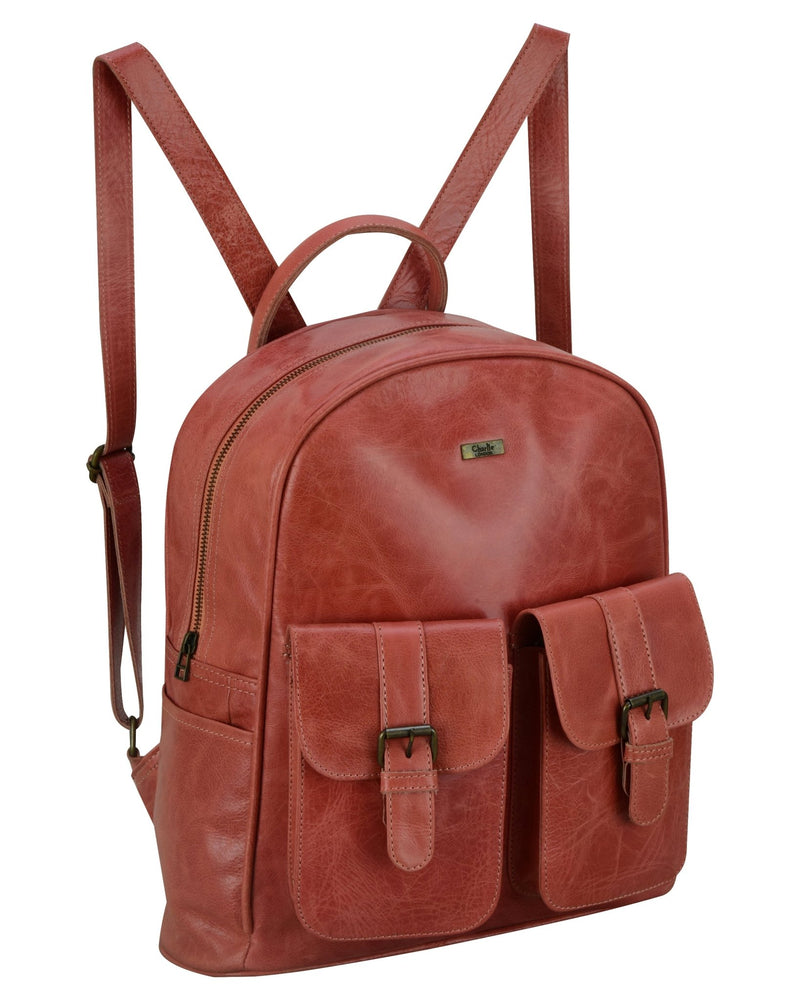 Charlie London two Pockets Classic Leather DayPack Backpack - 