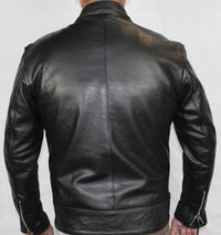 Classic Cafe Racer Black Biker Leather Jacket with Brown Stripes XL - 