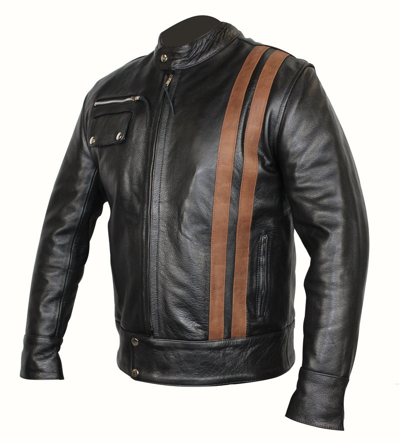 Classic Cafe Racer Black Biker Leather Jacket with Brown Stripes XL - 