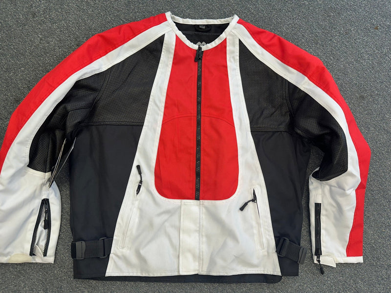 Collarless Black Red and White Textile and Black Porforated Leather Jacket Size XL - 