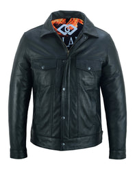 Fernando 's Classic Mens Black Leather Trucker Jacket with Zip and Snaps -