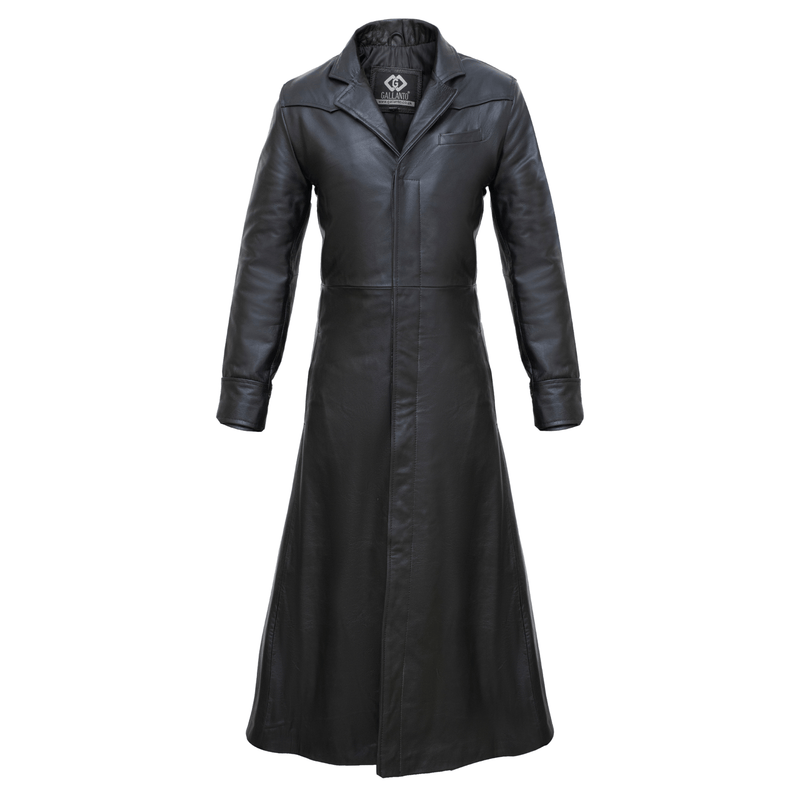 Matrix Neo Black Leather Trench Long Coat - Men's Long Trench Coat Gothic Style - 