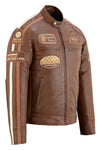 Mens British Motorcycle Black Wax Leather Badges Jacket Biker Tan Green Striped - 