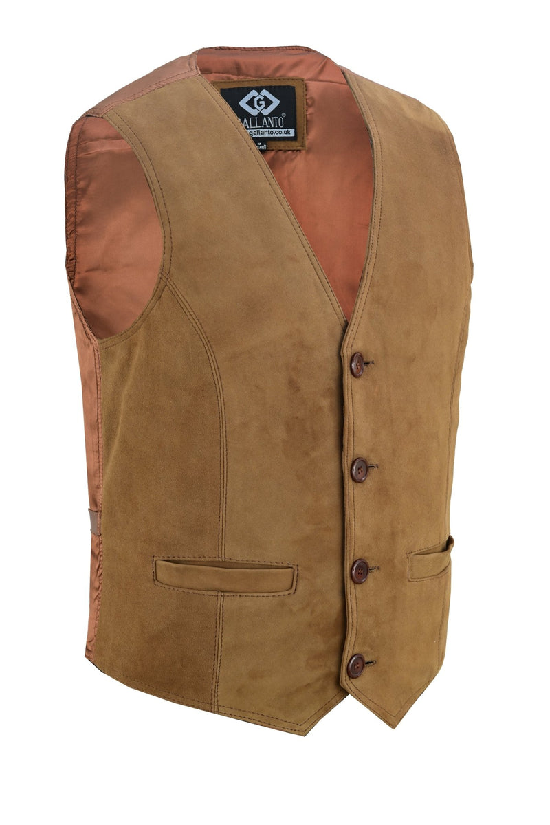 Mens Buttoned Classic Tan Soft Suede Leather Waistcoat Vest -