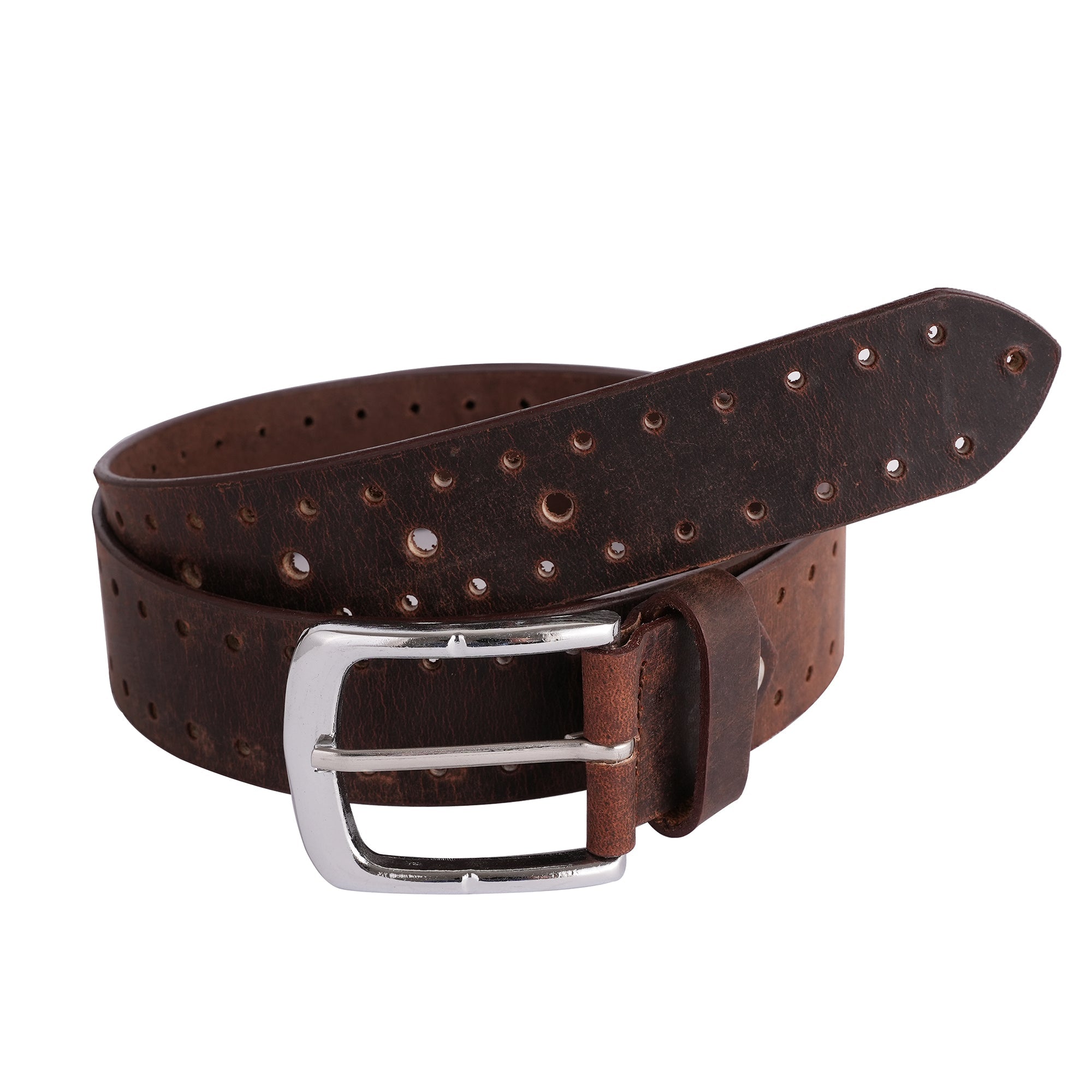 Mens Crazy Holes Genuine Leather Belt Casual Belt for Suits Jeans Single Prong Buckle