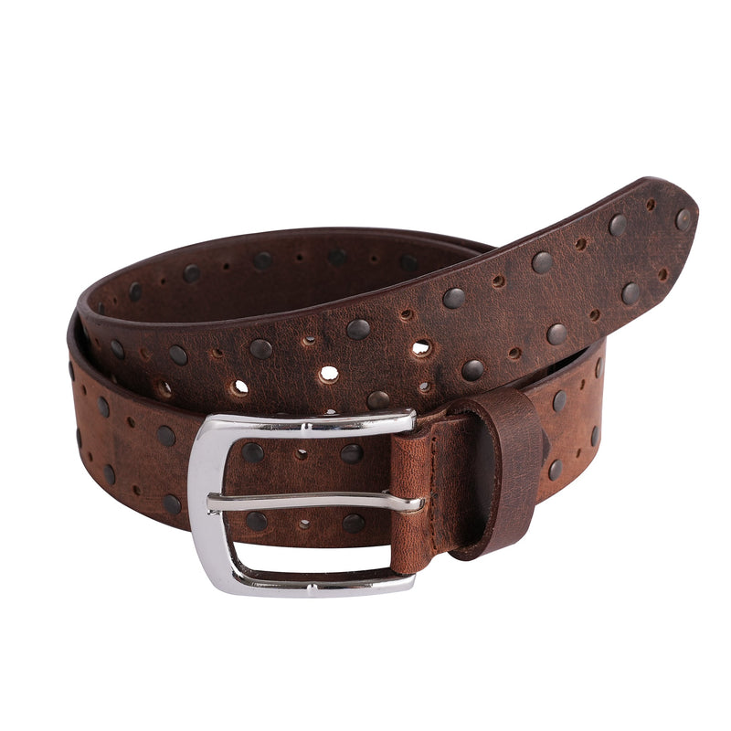 Mens Crazy Rivets Genuine Leather Belt - Casual Belt for Suits & Jeans, Single Prong Buckle - 