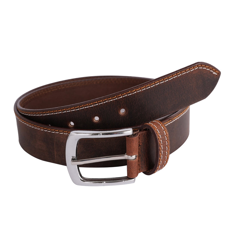 Mens Double Stich Genuine Leather Belt - Casual Belt for Suits & Jeans, Single Prong Buckle - 