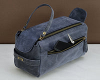 Premium Cowhide Leather Toiletry Bag Travel Dopp Kit Distressed Blue - 