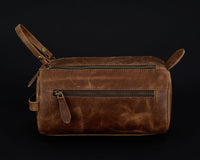 Premium Cowhide Leather Toiletry Bag Travel Dopp Kit Distressed Brown - 