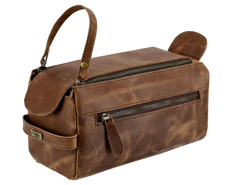 Premium Cowhide Leather Toiletry Bag Travel Dopp Kit Distressed Brown - 