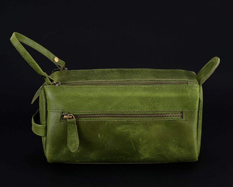 Premium Cowhide Leather Toiletry Bag Travel Dopp Kit Distressed Green - 