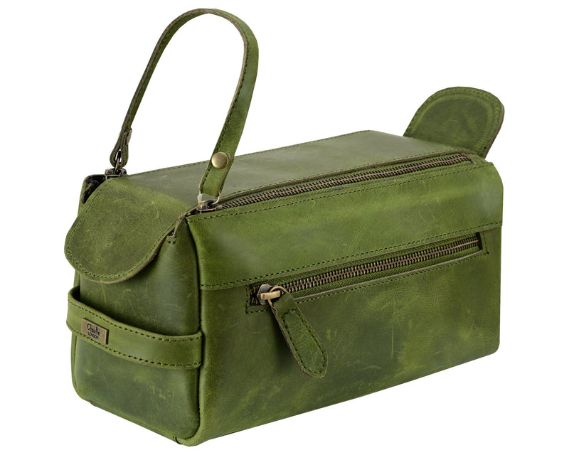 Premium Cowhide Leather Toiletry Bag Travel Dopp Kit Distressed Green - 