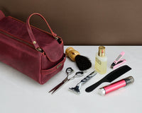 Premium Cowhide Leather Toiletry Bag Travel Dopp Kit Distressed Maroon - 