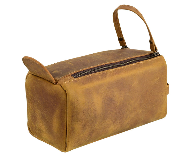 Premium Cowhide Leather Toiletry Bag Travel Dopp Kit Distressed Tan - 