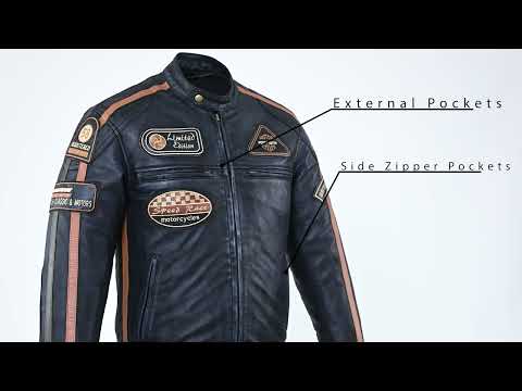 Mens British Motorcycle Black Wax Leather Badges Jacket Biker Tan Green Striped