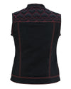 Womens Black Denim Biker Vest with Hearts and Red Stitching - 