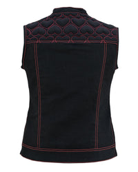 Womens Black Denim Biker Vest with Hearts and Red Stitching - 