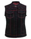 Womens Black Denim Biker Vest with Hearts and Red Stitching - 