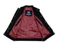 Womens Black Denim Biker Vest with Hearts and Red Stitching - 