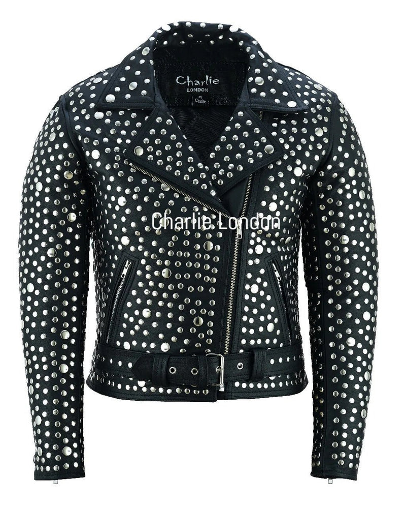 Women's Black Designer Leather Biker Jacket with Silver Studs -