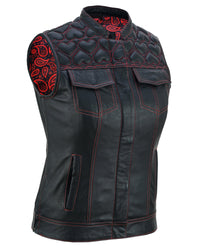 Womens Black Leather Biker Vest with Hearts and Red Stitching - 