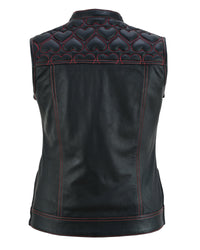 Womens Black Leather Biker Vest with Hearts and Red Stitching - 