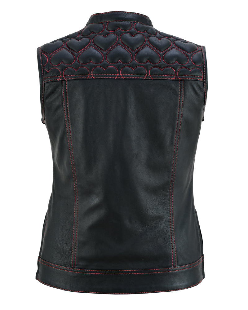 Womens Black Leather Biker Vest with Hearts and Red Stitching - 