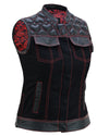 Womens Black Leather & Denim Biker Vest with Hearts and Red Stitching - 