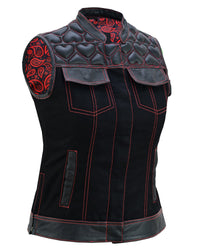 Womens Black Leather & Denim Biker Vest with Hearts and Red Stitching - 