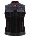 Womens Black Leather & Denim Biker Vest with Hearts and Red Stitching - 