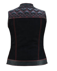 Womens Black Leather & Denim Biker Vest with Hearts and Red Stitching - 