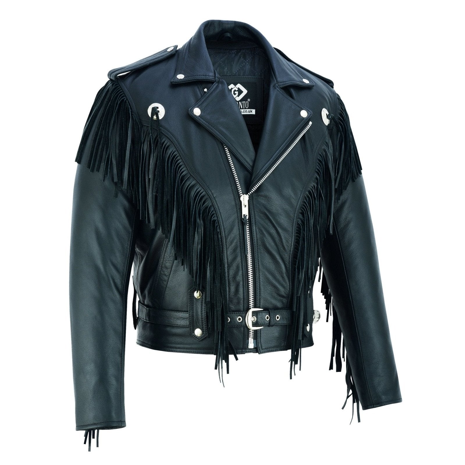 Black Biker Fringe Leather Jacket Tassle Concho Premium Motorcycle