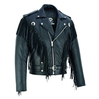 Black Biker Fringe Leather Jacket - Tassle Concho Premium Motorcycle -