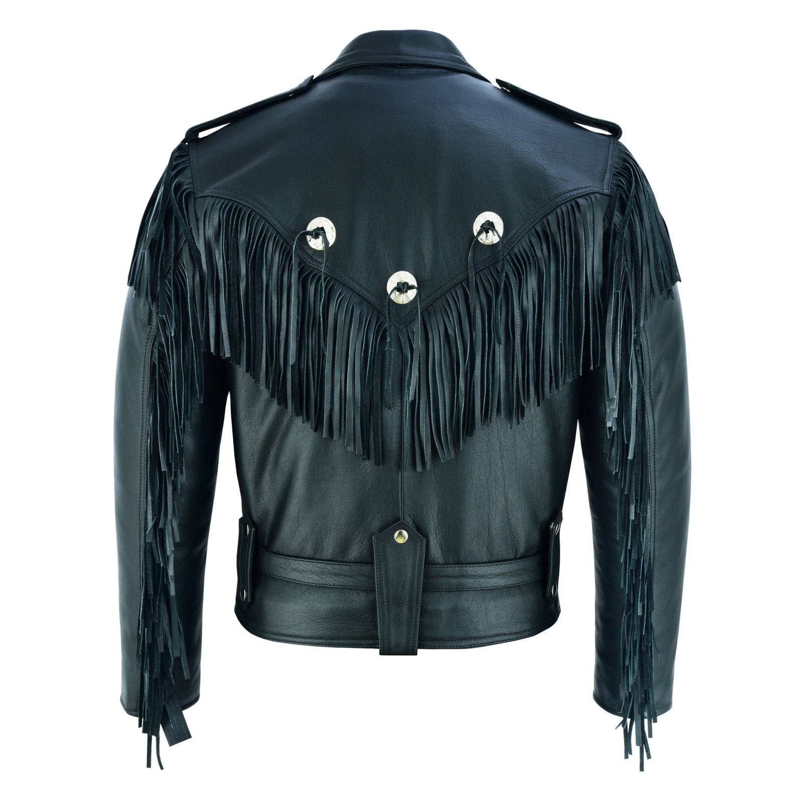 Black Biker Fringe Leather Jacket Tassle Concho Premium Motorcycle Vintage Leather