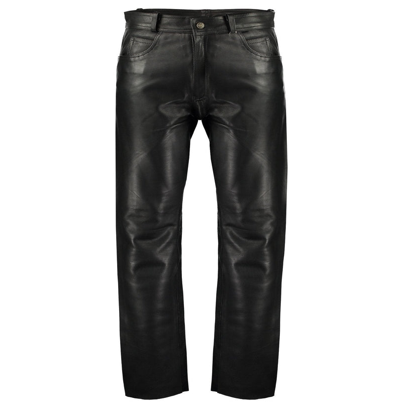 Black Classic Fitted Biker Cowhide Leather Trousers Button Fly -