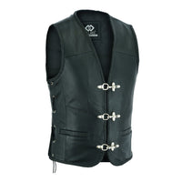 Braided Mens Leather Waistcoat Motorcycle Biker Vest Black with Hooks -