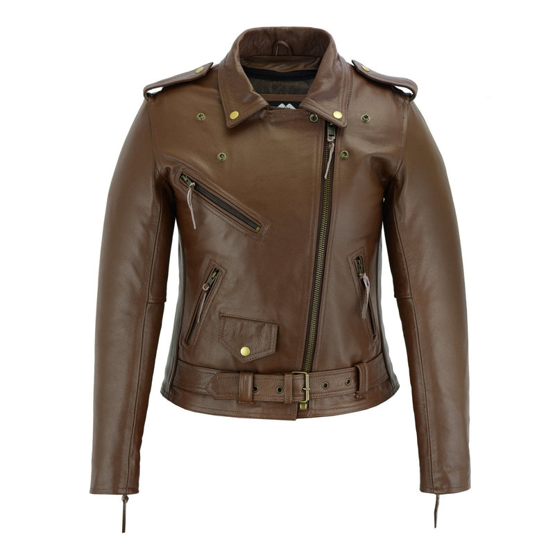 Brown Classic Womens Brando Motorcycle Leather Jacket Ladies Biker Cowhide -