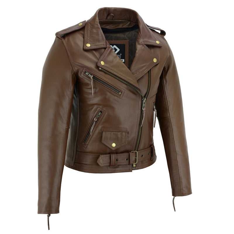 Brown Classic Womens Brando Motorcycle Leather Jacket Ladies Biker Cowhide -