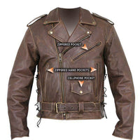 Brown Distressed Leather Motorcycle Armoured Jacket with Embossed Flying Skull -