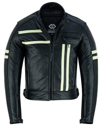 Cafe Racer Black Cruiser Motorcycle Leather Jacket Creme Stripe -