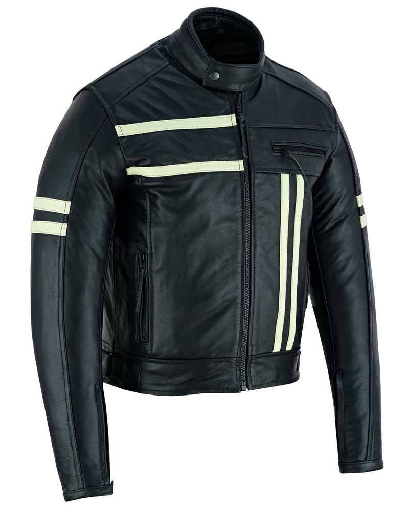 Cafe Racer Black Cruiser Motorcycle Leather Jacket Creme Stripe -